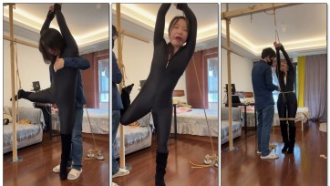 【麦子呀】黑色紧身连体衣+虐舌+吊缚 最近爱上了虐麦子的舌头，练了好久才能捆住麦子的舌头不脱落