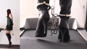 【高跟遇到跑步机】手脚连铐束身短裙下的高跟过膝长靴+充气GS、无线TD、电击器、电动BB与跑步机