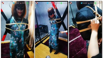 【魔束工作室】旗袍爱好者伪娘体验镣铐取外卖、吊绑、口球、单手套