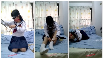 【新月原创】【玉箫】《家庭作业19》JK肉丝白袜手铐脚镣连驷马+口水口水收集+日式胸缚+白袜套手