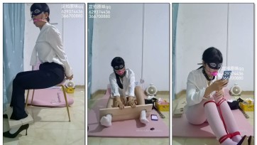 【新月原创】【玉箫】家庭作业30 职业装高跟鞋+股绳+椅子自缚+足枷+白袜+口球堵嘴+脚镣爬行+驷马铐 倒下差点解不开了