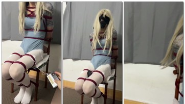 【绳话】白发体操服伪娘练舞后被绑架，被丝袜堵嘴蒙眼紧紧捆在椅子上，苦苦挣扎于事无补被电击电到哭