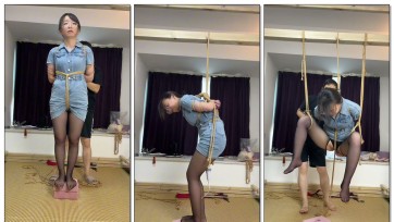 【麦子呀】牛仔连衣短裙，黑色丝袜，后手缚加双腿分开吊缚