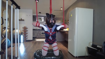 【鹿角与猫爪】菱缚犬缚半吊，狗狗面具内置充气口塞，头部吊起，刚勾拉拽，鞭打，塑料袋套头绝闷，发射特写