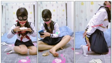 【新月原创】【玉箫】《家庭作业10》水手服自缚驷马勒股绳+口球+超多口水收集+镣铐+各种丝袜花边袜